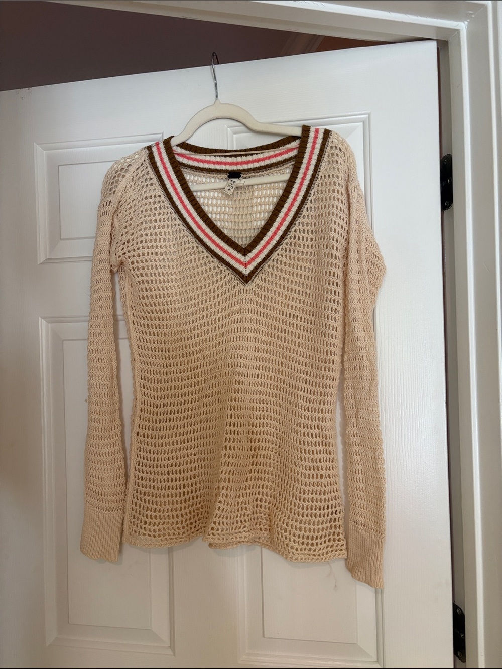 Free People Beige Open-Knit V-Neck Sweater with Striped Trim